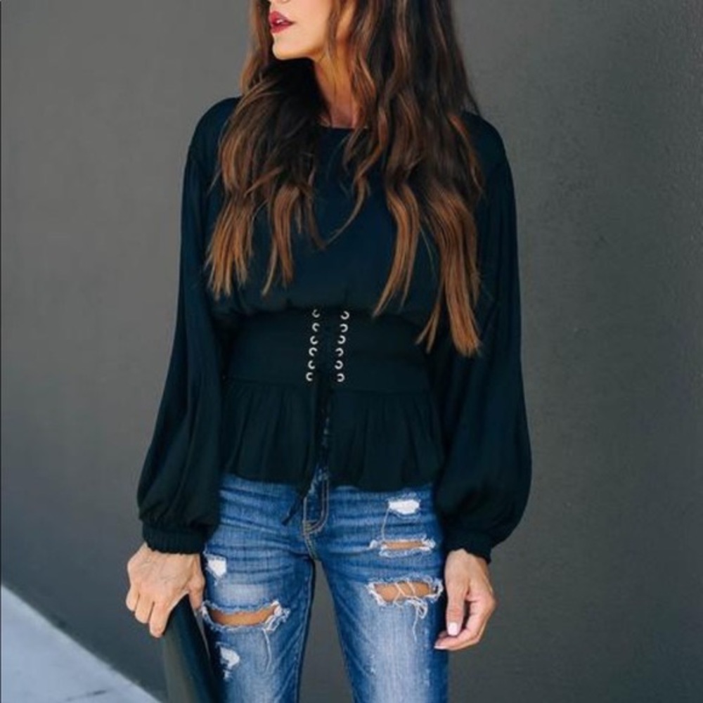 Vici Dolls | Black Satin Blouse w/ Corset Detail